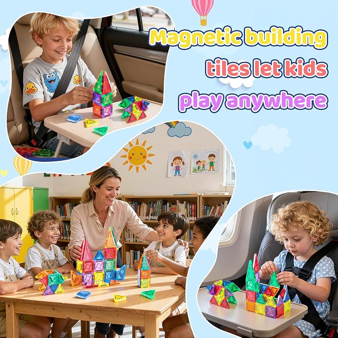 Mini Travel Magnetic Tiles,1.5Inch Magnet Building Blocks Toddler Essentials Set Portable Construction Toys for Airplane Car Kid Aged 3+ Birthday Gift