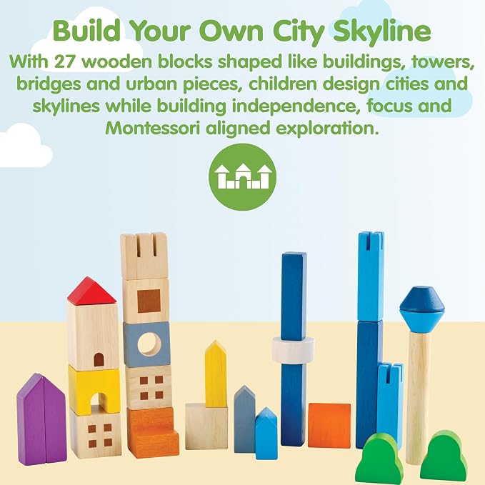 PlanToys® Cityscape Blocks Wooden Montessori Building Imaginative Kids Set | shapes, buildings, construction toys, sorting & stacking toys, girls, boys, spatial STEM fine motor creative gift preschool