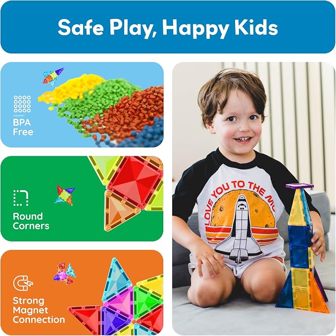 PicassoTiles 100 Piece Mini Magnetic Tiles, Travel STEM Toy for Kids 3+ | Diamond-shaped design, translucent pieces, compact carrying case, Montessori-inspired play, screen-free creativity