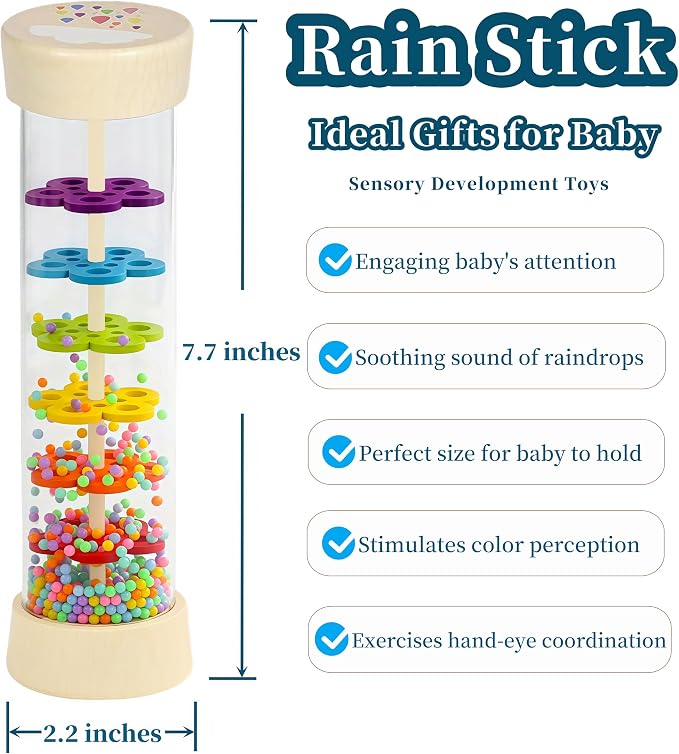 Oneshow Wooden Rain Stick Montessori Toys for Baby 6-12 Months, Rainmaker | Rain Stick Baby Toy-Musical Developmental Sensory with Soothing Rain Sounds, Wooden Shaker Gift for Toddlers 1 Year Old 7.7"