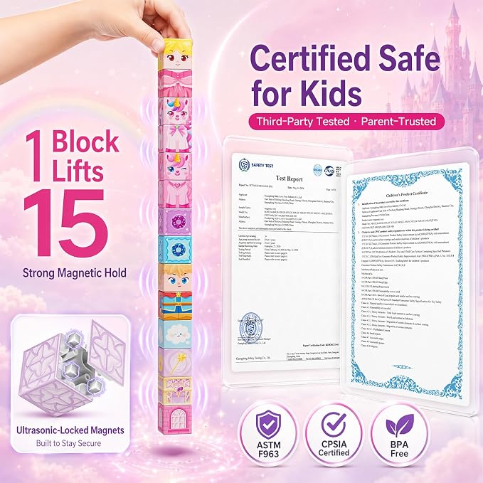 Unicorn Magnetic Cubes for Travel: 100 PCS Castle Princess Playset | Magnet Building Blocks Toys with Tin Storage Case - 60 Min Quiet Car & Airplane Activity Game for Girls Toddlers Ages 3-8