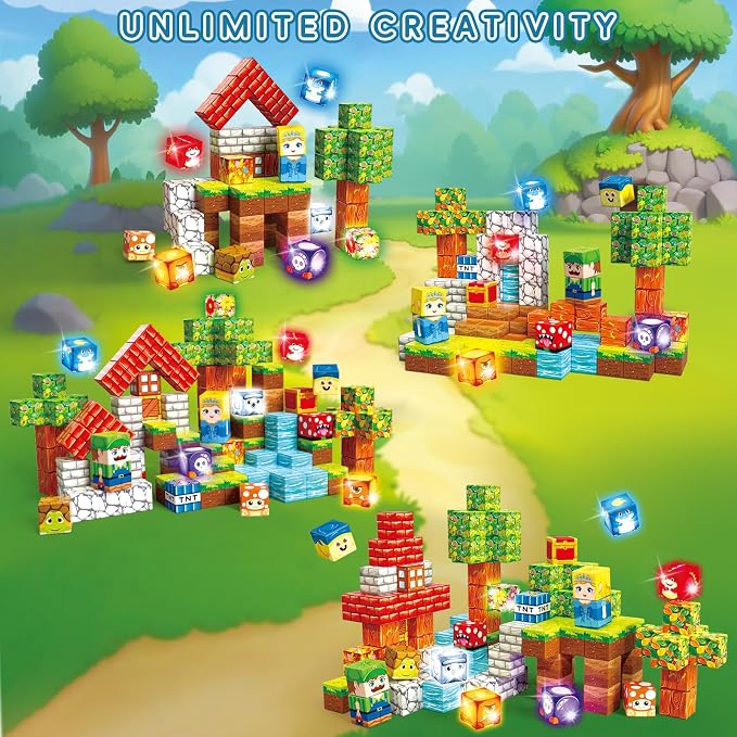 116 PCS Mini Magnetic Blocks Building Toys with 7 Light-Up Cubes, Portable Magnetic Travel Blocks with Iron Case for Kids Aged 3+, Educational Toy for STEM & Construction Learning