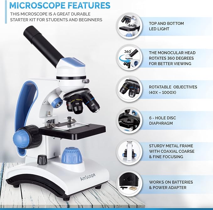 AmScope M162C-2L-WM-SP14-50P100S 1000X Dual Light Glass Lens Metal Frame | 40X-1000X Magnification Range