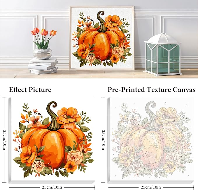 Fountor Fall Framed Paint by Numbers Kit for Adults Beginner 10x10 in | Pumpkin Paint by Numbers with frame, For Adults & Kids Ages 8-12, DIY Acrylic Painting, Stress Relief Home Wall Decor Gifts