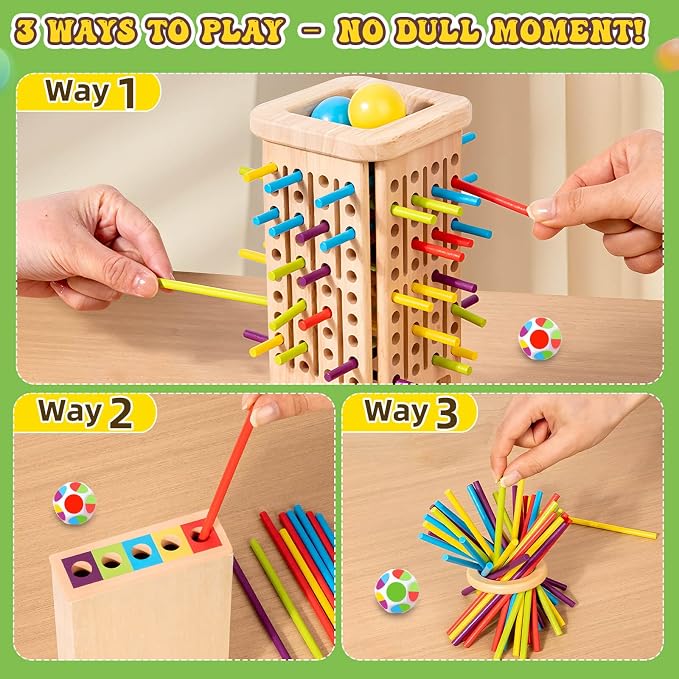 Montessori Wooden Board Games for Kids 3-8 Years, Educational Toys | Fine Motor Skills Toys for 5 Year Old, 40 Colorful Wooden Sticks, 12-Sided Dice, Math Toys, Family Games for Kids and Adults
