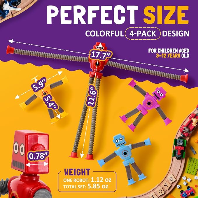 nutty toys Sensory Robot Toys 4pk - Top Pop Tubes Fidget 2026 for ADHD & Autism Ages 3 4 5 6 7 8 9 10 11 12, Best Kids Travel Idea, Unique Christmas Toddler & Tween Gift Idea & Boy Stocking Stuffers
