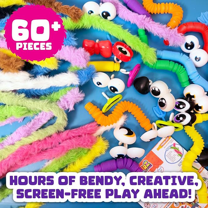 WeVeel TOOBLERZ Kids Craft Kit, 62-Piece DIY Monsters & Animals, Ages 5+ | Screen-Free Creative Play Reusable Mix-and-Match Parts Fuzzy Sticks & Stretchy Tubes Open-Ended Building Fun