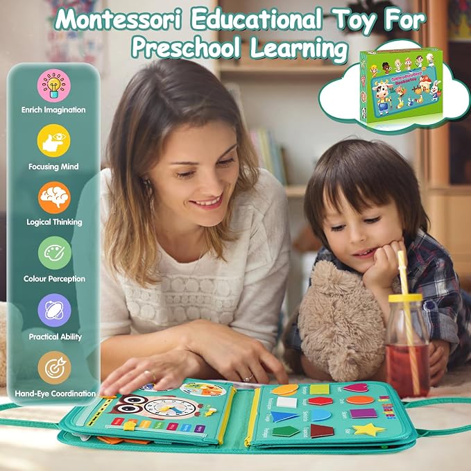 Montessori Busy Board - Sensory Learning Toys for Toddlers 3-6 Years-10 Pages-32 Activities, Airplane Car Travel Educational Toys for Autism, 3 Years Boy Birthday Gift (Cyan)