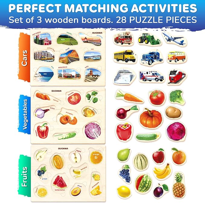 Wooden Puzzles for Toddlers 1-3 - 3 Montessori Kids Puzzles Ages 2-4 | Educational Realistic Wood Toddlers Puzzles ages 3-5 — Learning Fruits, Cars and Vegetables for Boy and Girl