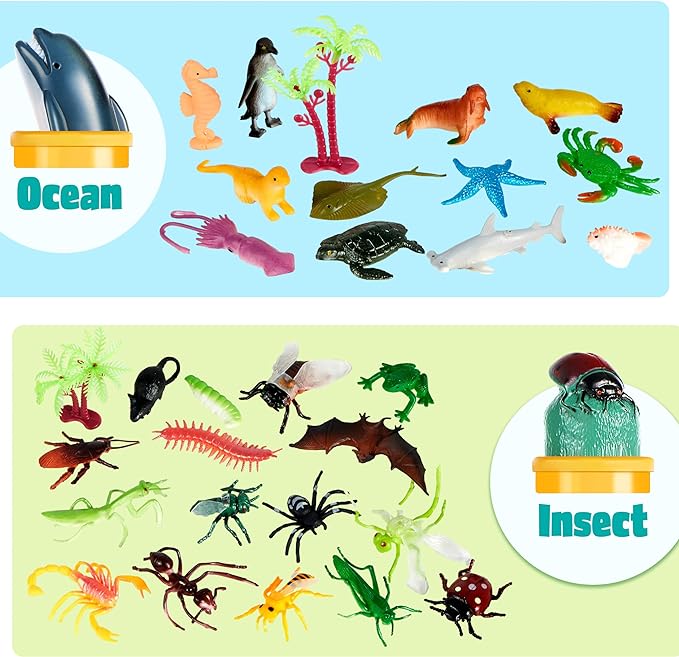 JOYIN 69 Pcs Small Animal Figures, Mini Jungle Toy Set with Sensory Bin, Realistic Wild Forest Playset, Zoo, Ocean, Farm Animals Figurines, Dinosaur Party Favors, Easter Gifts for Boys and Girls 3-5