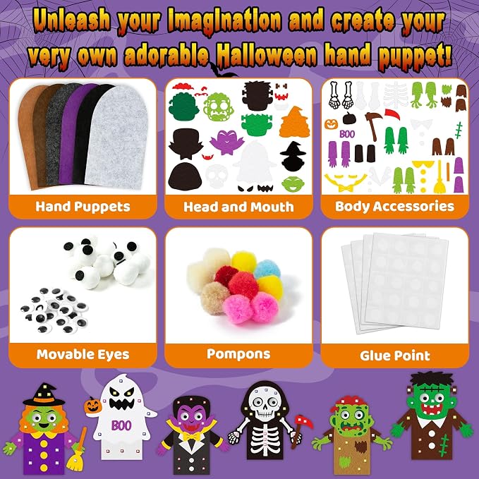 WATINC Hand Puppet Making Kit, Felt Sock Puppet Toys for Kids (Halloween) | 6 Styles, Make Your Own Storytelling & Role Play Crafts, Creative Group Activity, Party Favors & Gifts for Kids Ages 4-8