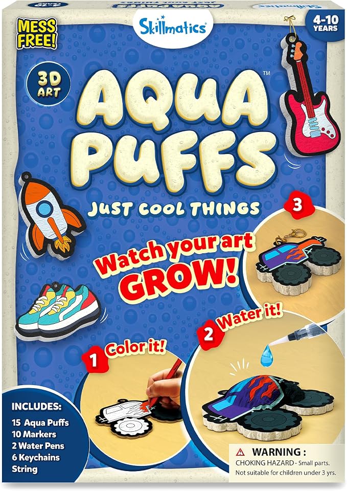 Skillmatics Aqua Puffs Just Boy Things, Art & Craft Kits, Paint by Number | DIY Puffy Keychains, Screen-Free, Mess-Free Activity Kit, Creative Gift for Girls & Boys Ages 4, 5, 6, 7, 8, 9, 10