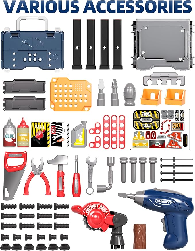 Deejoy Kids Tool Bench with Electric Drill and Miter Saw | 2-in-1 Toddler Workbench and Tool Box Set, Construction Toys for Boys 3-5, Engineering Play Set for Toddlers Age 3 4 5 6