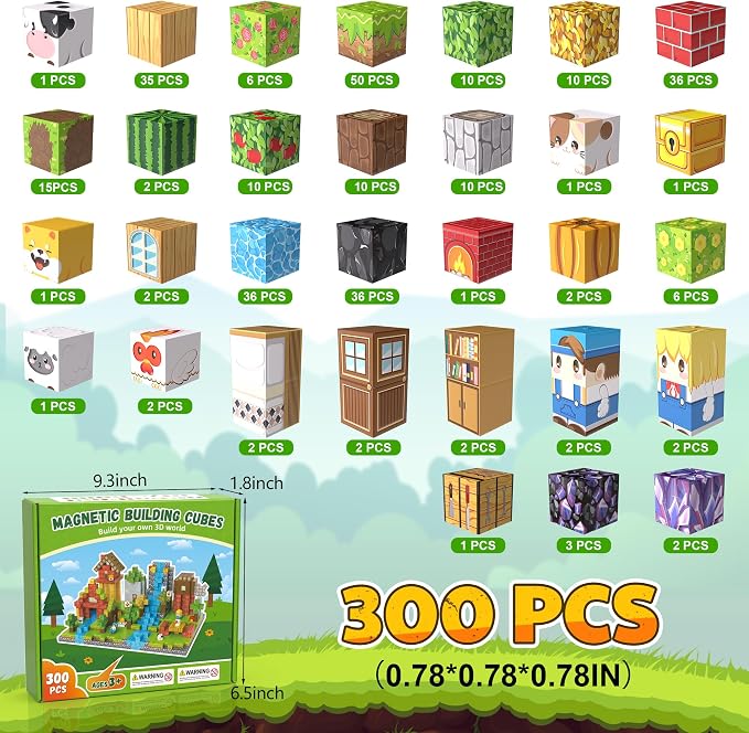 300PCS Magnetic Blocks, Magnetic Building Blocks, 0.78in Magnetic Building | STEM Game Stacking Toys for Kids, Birthday Gifts for Boys and Girls Age 3+ Years Old