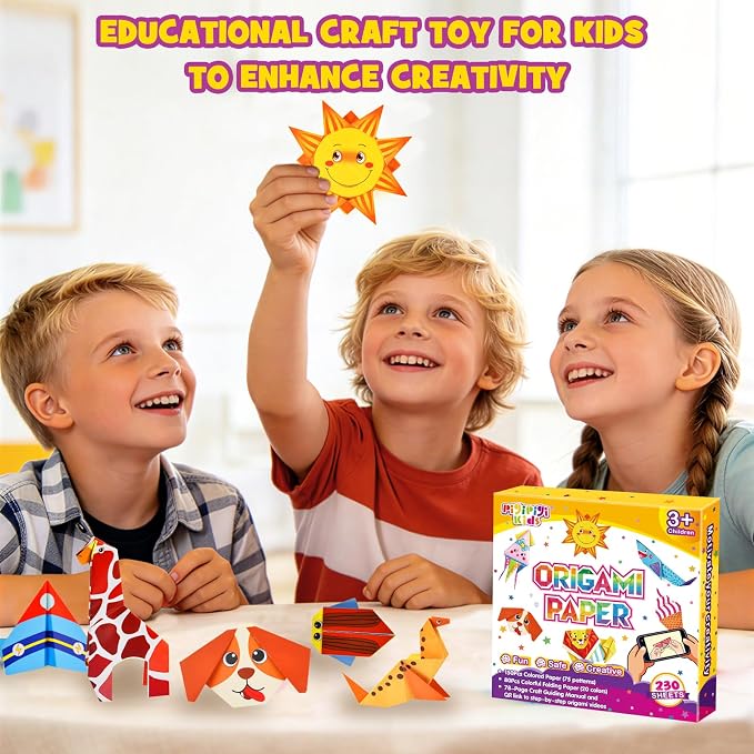 Pigipigi Kids 230 Pcs Origami Paper Kit,Arts and Crafts for Kids Ages 5-12 | Beginners Origami Kit with 75 Vivid Patterns,Video Tutorials & books, DIY Craft Birthday Gift for Boys Girls ages 5-12