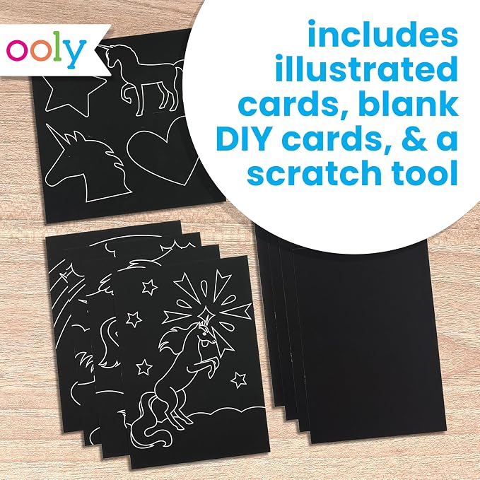 Ooly Scratch & Scribble Art Kit, 8 Cards, Sticker Sheet – Unicorns | Ages 6+, Wooden Stylus and Stickers Included, Screen-Free Portable Car and Airplane Travel Activity, Gift for Kids