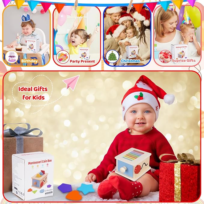 FCSONU Montessori Sorting Box Toys for Toddlers 1-3, Fine Motor Skills Toys | 3in1 Learning Color Sorting Toys Sensory Toys, Shape Sorter | Coin Box Toy, Easter Christmas Birthday Gifts for Boys Girls