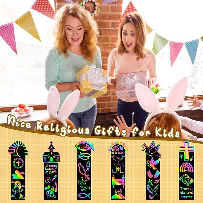 JUNEBRUSHS 30Pcs Religious Crafts for Kids, Easter Rainbow Color Scratch Art Bookmarks Resurrection Cross Religious Gifts for Kids Sunday School Church Bible Crafts Kits