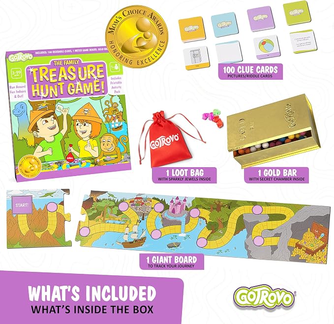 Gotrovo Indoor Scavenger Hunt Game for Kids Ages 4-8 - Complete Treasure Hunt Kit with Giant Board, Clue Cards, and Gold Bar - Active Indoor Board Game for Rainy Day Fun & Birthday Parties