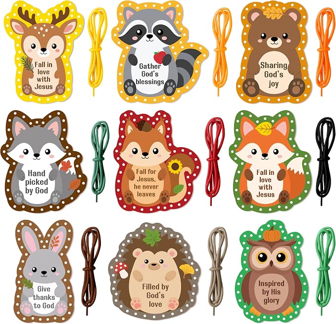 X1zuue Kids Lacing Cards, Fall Animal Sewing Card Kit, Religious Lacing Toy | 9Pcs Double Sided Sewing Cards Imagination Development Lacing Toys Games Kits for Toddlers Educational Learning Activity