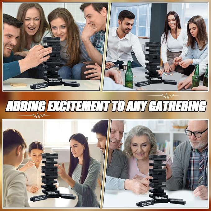 Tumbling Tower Question Game 54 Fun Conversation Starters Questions with Box and Storage Bag Wooden Tumbling Stacking Blocks for Adults Family Night Games Team-Building Get to Know Each Other