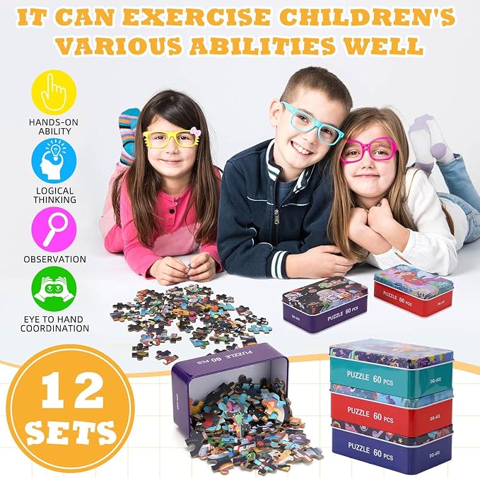 Silipull 12 Boxes Party Favors Jigsaw Puzzles in a Metal Box for Age of 4-8, Wooden Puzzle for Ages 4-8 Learning Educational Jigsaw Pieces Toys, 12 Styles(Lovely)(Novel)
