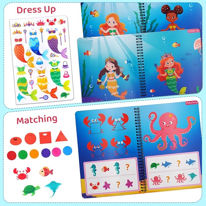 Reusable Sticker Book for Girls - Mermaid Princess Dress Up, 75 Stickers | 75 Washable Jelly Stickers, 7 Play Scenes, Mermaid Travel & Road Trip Toys, Sticker Activity Book for Toddler 1-3 & 2-4