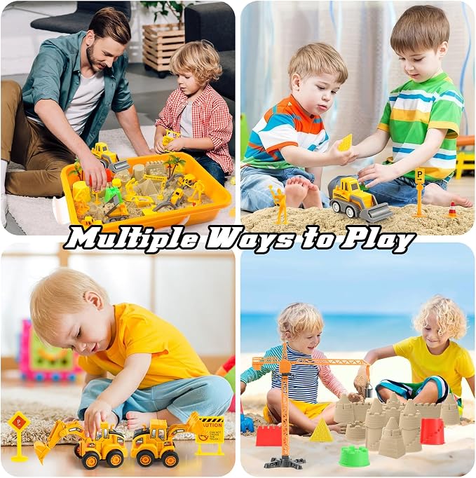 Sand Construction Kit - Play Sand Art Kit with 7 Construction Truck, 2lbs Magic Sand, Castle Molds, Crane, Worker Figures and Road Signs, Construction Sensory Bin for Preschool Learning for kids 3+