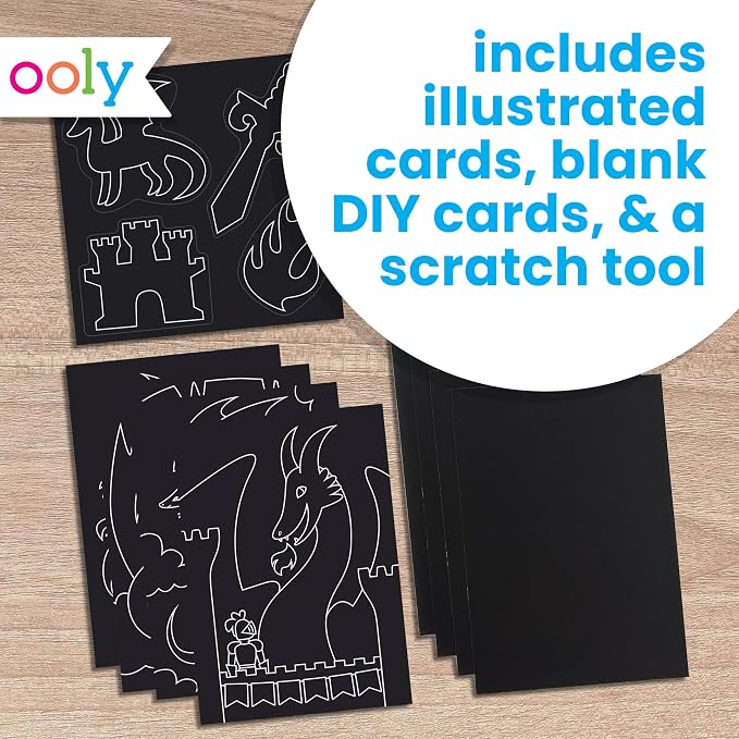Ooly Scratch & Scribble Art Kit, 8 Cards, Sticker Sheet – Dragons | Ages 6+, Wooden Stylus and Stickers Included, Screen-Free Portable Car and Airplane Travel Activity, Gift for Kids