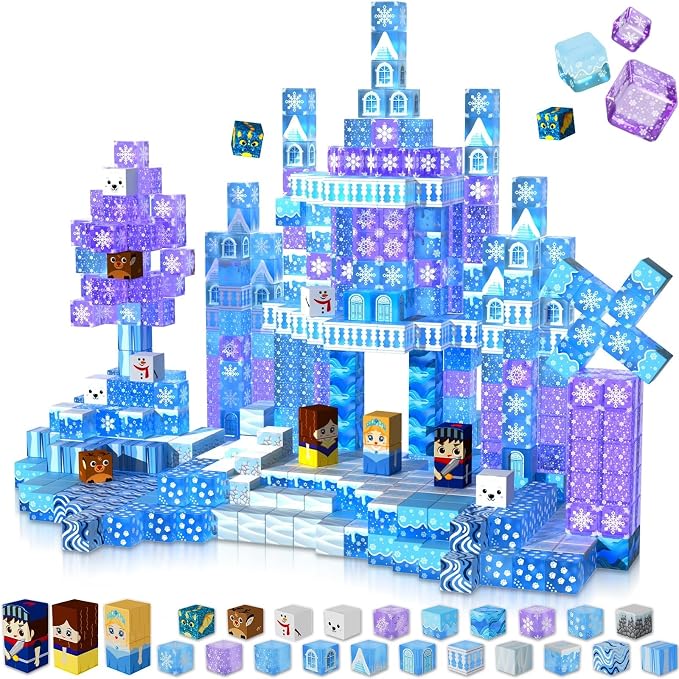 Magnetic Blocks - 100Pcs 0.8in Magnetic Building Block for Kids Ages 4-8, Transparent Magnet Block Blue Princess Castle, Frozen Magnetic Cubes Tiles Princess Toy for Girl 3 4 5 6 7 8-12 Birthday Gift