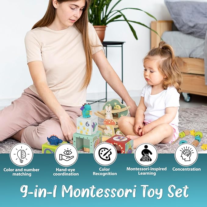 Pine Bunny Montessori Wooden 11-in-1 Toy Set for 16+ Months, Lacing Beads, Wooden Marble Run, Dinosaur Nesting Boxes, Butterfly Puzzle Pull Along Dog Educational Learning Counting STEM Fine Motor Toys