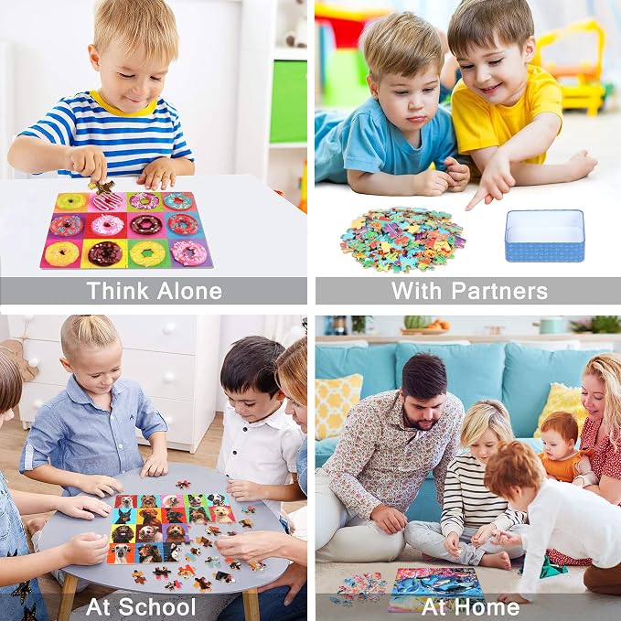 LELEMON Puzzles for Kids Ages 4-6,4-Pack 100 Piece Puzzles for Kids Ages 4-8 in a Metal Box,Dogs Donut USA Map Underwater World Educational Jigsaw Puzzles Puzzle Games Puzzle Toys for Girls and Boys