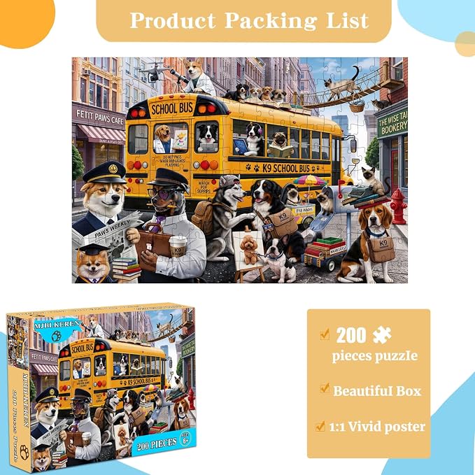 Puzzles for Kids Ages 6-8 8-10 200 Piece Puzzles Colorful Bus Dog Puzzle | 200 Piece for Learning Educational Puzzles .Puzzles for 6 7 8 9 10 11 12 years old boys and girls.Learning Puzzle Toy
