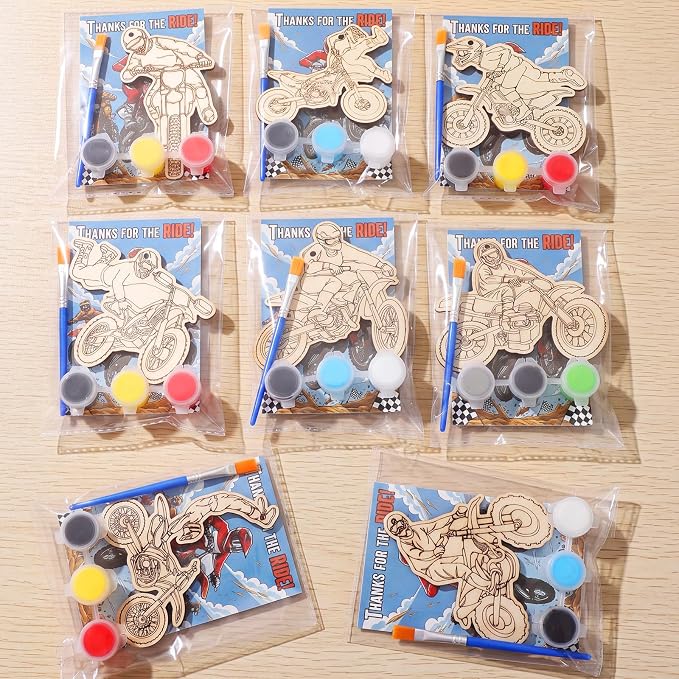 Saypacck 24 Pcs Dirt Bike Party Favors Wooden Paint Craft Kits | 12 Motocross Wood Pieces with Paint Palettes, Organza Bags Included, Ideal for Goodie Bag Fillers and Thank You Gifts