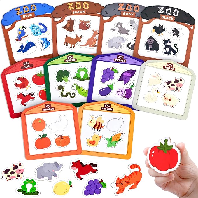 JoyCat Wooden Fridge Magnets for Toddlers, Animal Color Sorting Set, 50 PCS | Farm & zoo animal magnets for kids, magnetic color sorting refrigerator toys and educational learning gifts for 3-6 year olds