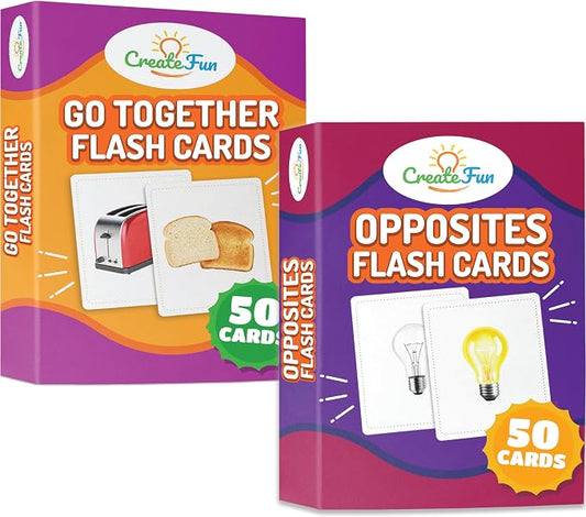 CreateFun 100 Go Together Opposites Flash Cards Set - Gifted Kids Learning | Matching Educational Photo Cards - Parents,Speech Therapy,Autism,ESL,Dementia care,Stroke recovery,Language,Cognitive Skills