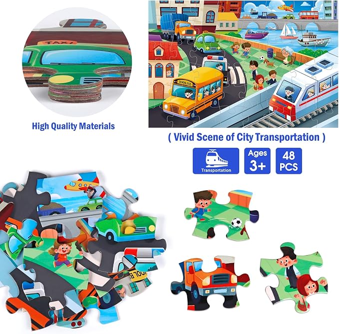 Jumbo Floor Puzzle for Kids,48 Piece City Traffic Jigsaw Puzzle Ages 3-8 | City Transportation,Extra-thick Cardboard,Preschool Learning Toy,35x24 in Completed,Ages 3-8,Birthday Gift for Boys and Girls