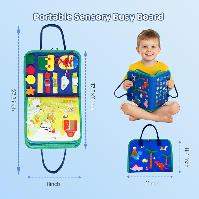 Tilhumt 8 in 1 Busy Book for Toddler 1-3, Montessori Boy Board | With Storage Bag for Travel Quiet Learning Sensory Toys, Felt Busy Book for Baby Educational Gift Activities Fine Motor Skill