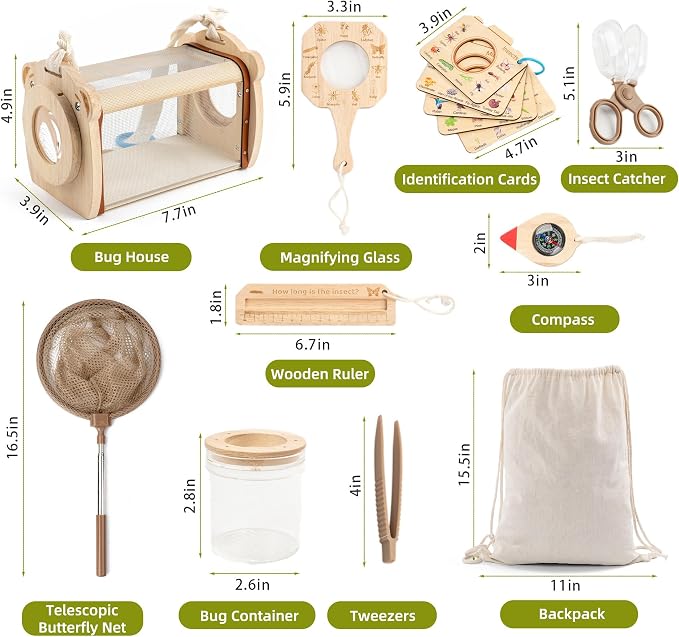 11Pcs Wooden Bug Catcher for Kids, Outdoor Explorer Bug Catching Kit | Butterfly Net for Kids with Bug Habitat, Magnifying Glass & STEM Guide, Adventure Set for Backyard & Camping 3+ Years