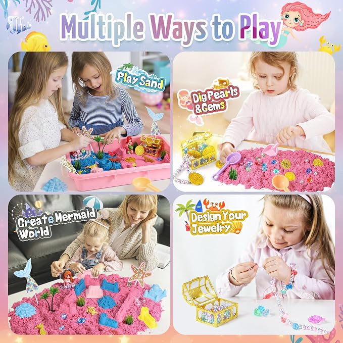 KNASON Mermaid Sensory Bin, Play Sand Kit for Girls and Boys Ages 3 4 5 6 7 | Mermaid Toys, 2.2lbs Sensory Play Colored Sand, Sandbox with Lid, Treasure Chest with Gems, Gift for Kids Ages 3 4 5 6 7 8