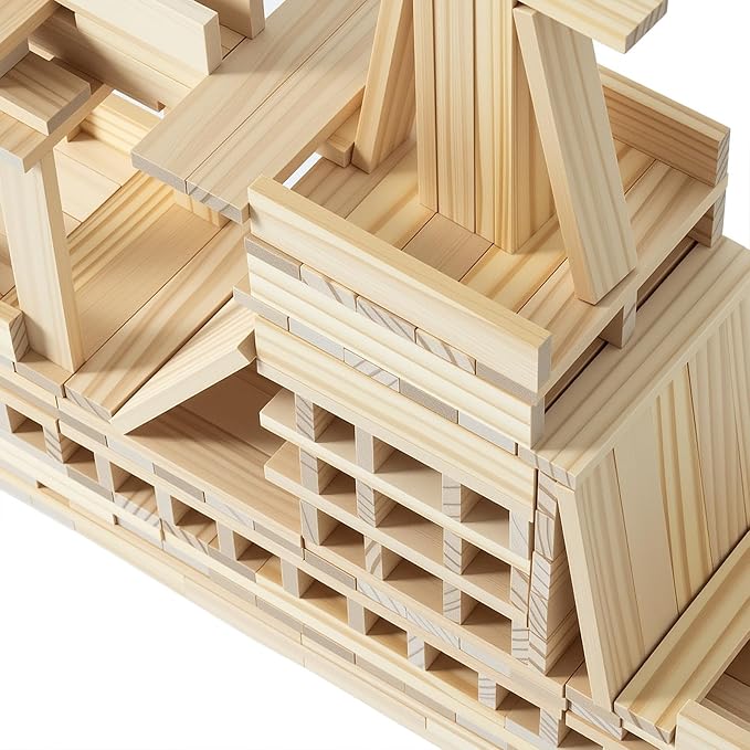 Premium 300 Pcs Natural Wooden Building Planks Building Blocks Kits for Kids 3-12, Open-Ended Classic Pine STEM Construction Toys Set for Castles, Bridges & Towers, Educational Learning Gift (4.7 in)