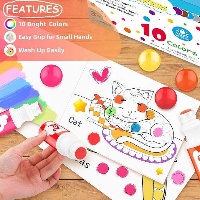 Soucolor Washable Dot Markers,10 Vibrant Colors 48 Pages Activity Book | Dot Markers 2 oz Bingo Daubers Paint Markers Set,Tearable Activity Book,Toddlers Kids Preschool Arts and Crafts Kits Supplies