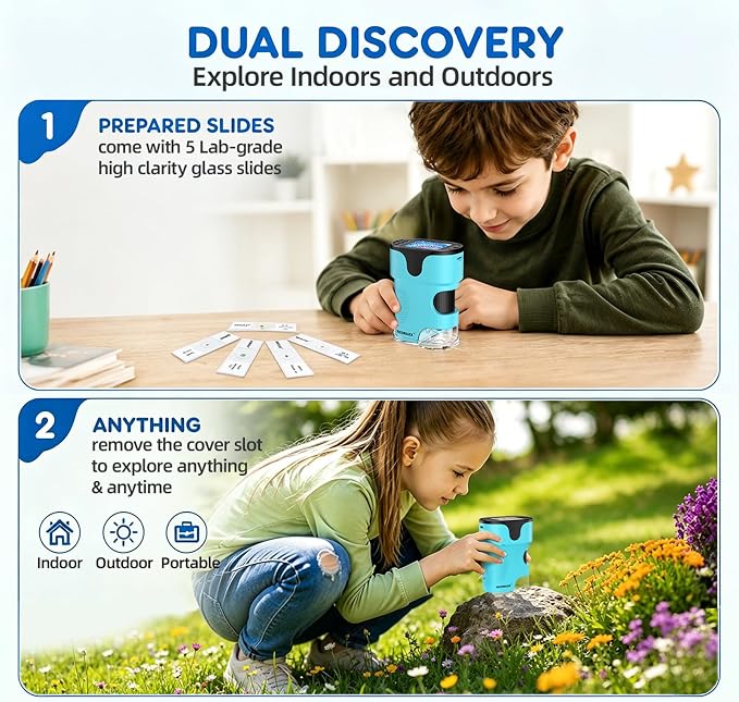 Kids Digital Handheld Microscope with Screen: Science Toy Gifts, Ages 4-12 | SD Card, Slides Kit, EVA Case, 1000X 4K Pocket Miniscope, Rechargeable Portable Discovery Kit for Boys and Girls, In/Outdoor