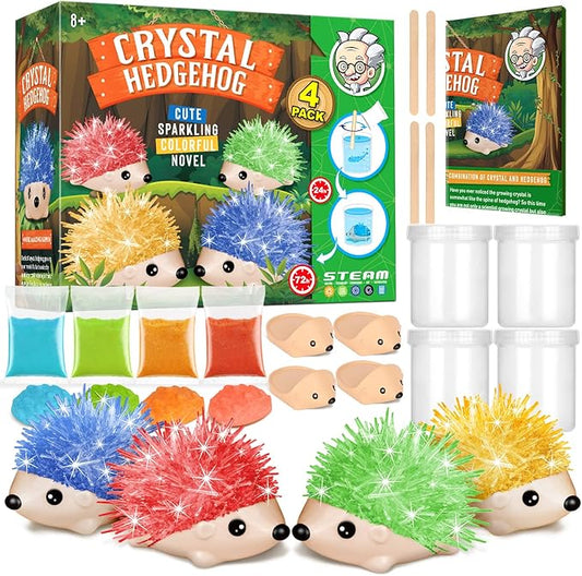 Crystal Growing Kit - 4 Vibrant Hedgehogs Fast 24H, STEM Gift for Kids 6-12 | Grow 4 vibrant hedgehogs in 24H. STEM science kit for ages 6-12. Educational DIY toy, great birthday gift for boys & girls.