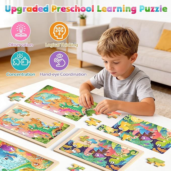 Zeoddler Wooden Puzzles for Kids 3-5, 4 Pack Dinosaur Jigsaw Puzzles for Toddlers, 20 Pieces Preschool Learning Activities, Learning & Educational Puzzles, Gift for Boys, Girls