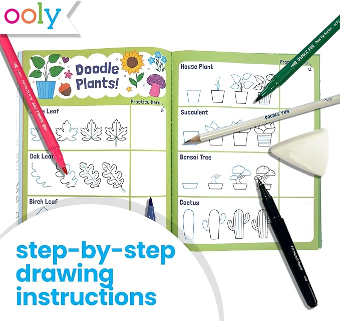 Ooly Learn to Draw & Color Activity Book Kit, 17 Piece | Ages 6+, 12 Double-Sided Markers, 1 Permanent Marker, Pencil, Eraser, and Sharpener, Doodle Fun, Screen-Free Fun