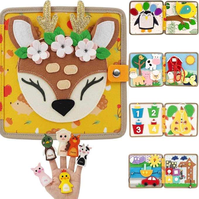 LUMS Busy Book for Toddlers 1-3 - Montessori Busy Board, Toddler Activity Book Ages 2-4, Felt Quiet Sensory Learning Travel Toy for 1 Year Old, Car & Airplane Rides