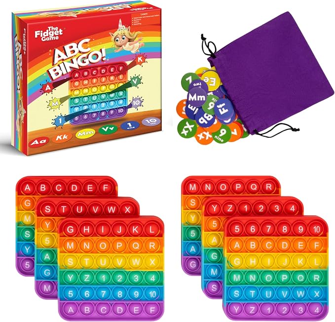 The Fidget Game ABC Bingo, Games for Kids - 2-6 Players 3+ Years | Six Educational Alphabet Bingo Popping Mats for Preschool, Toddlers, Kindergarten - Learning Activities