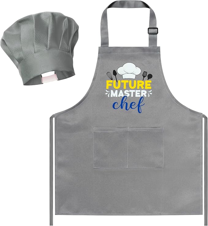R HORSE 2 Pieces Kid Apron and Chef Hat Set, Dress up Role Play Chef Toy | Gray Future Master Chef Adjustable Children Kitchen Apron Set, Ideal for Cooking, Baking, Painting, Cooking Birthday Gift