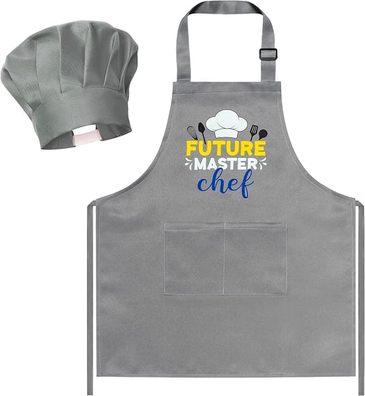R HORSE 2 Pieces Kid Apron and Chef Hat Set, Dress up Role Play Chef Toy | Gray Future Master Chef Adjustable Children Kitchen Apron Set, Ideal for Cooking, Baking, Painting, Cooking Birthday Gift